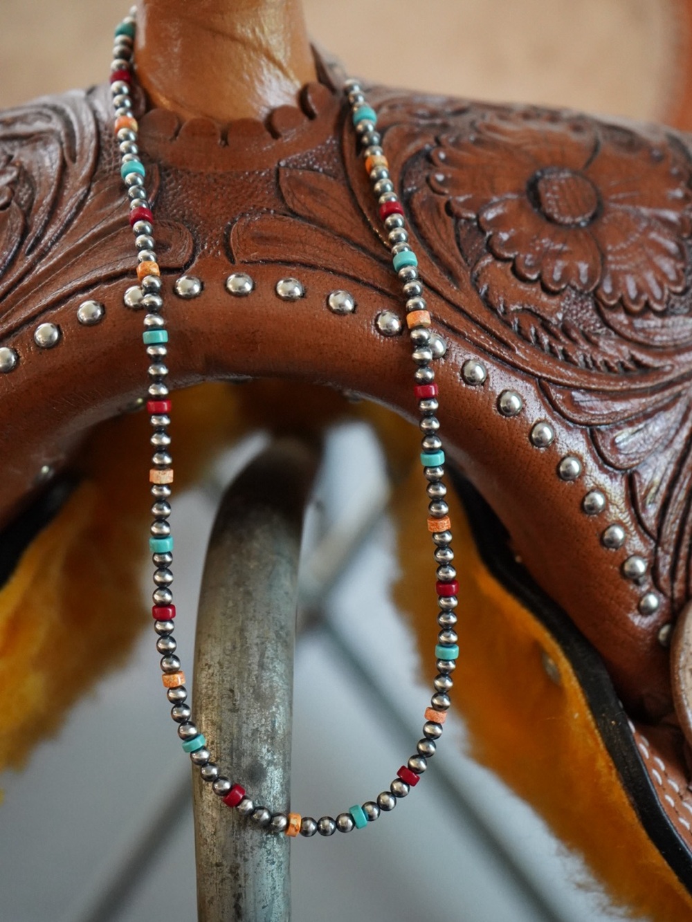 20”-22” 4mm sterling silver Navajo pearls+stone necklace🩵❤️🧡